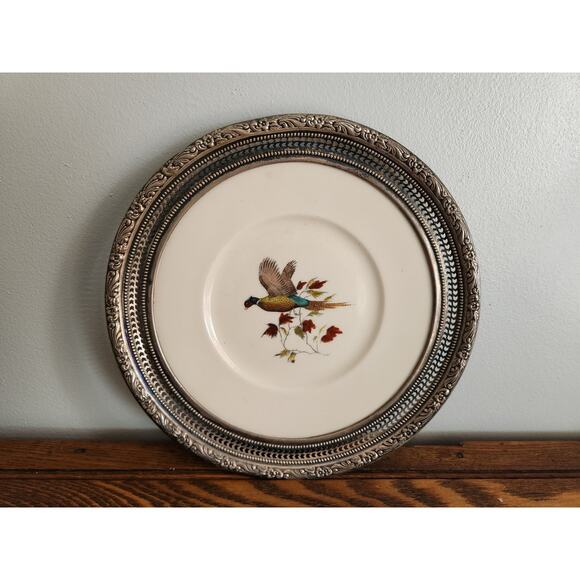 Vtg Frank M Whiting Plate With Sterling Silver Rim & Hand Painted Pheasant 8 in